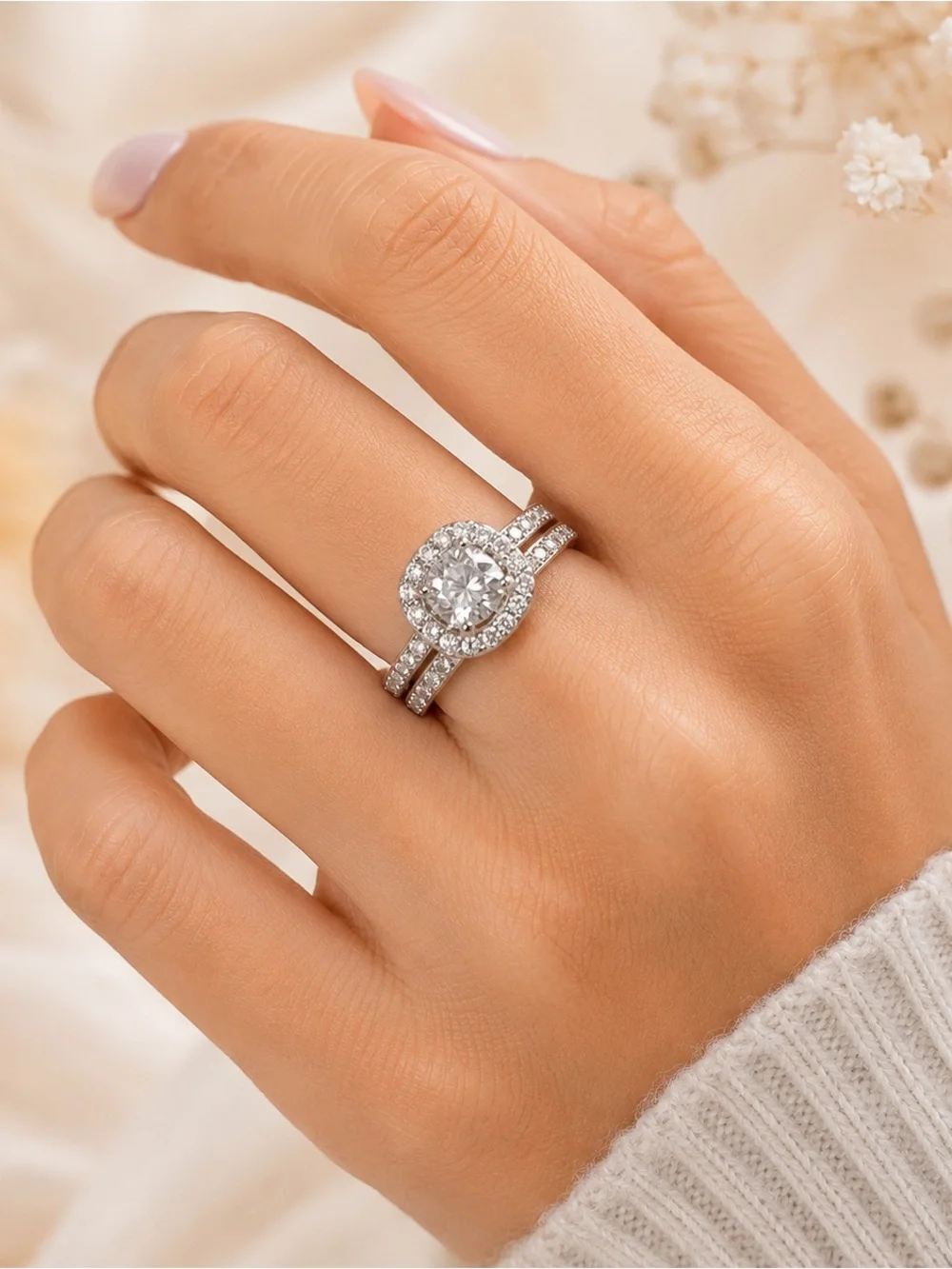 White Gold Plated Halo Ring Set Size 7 Bridal Wedding Engagement New
